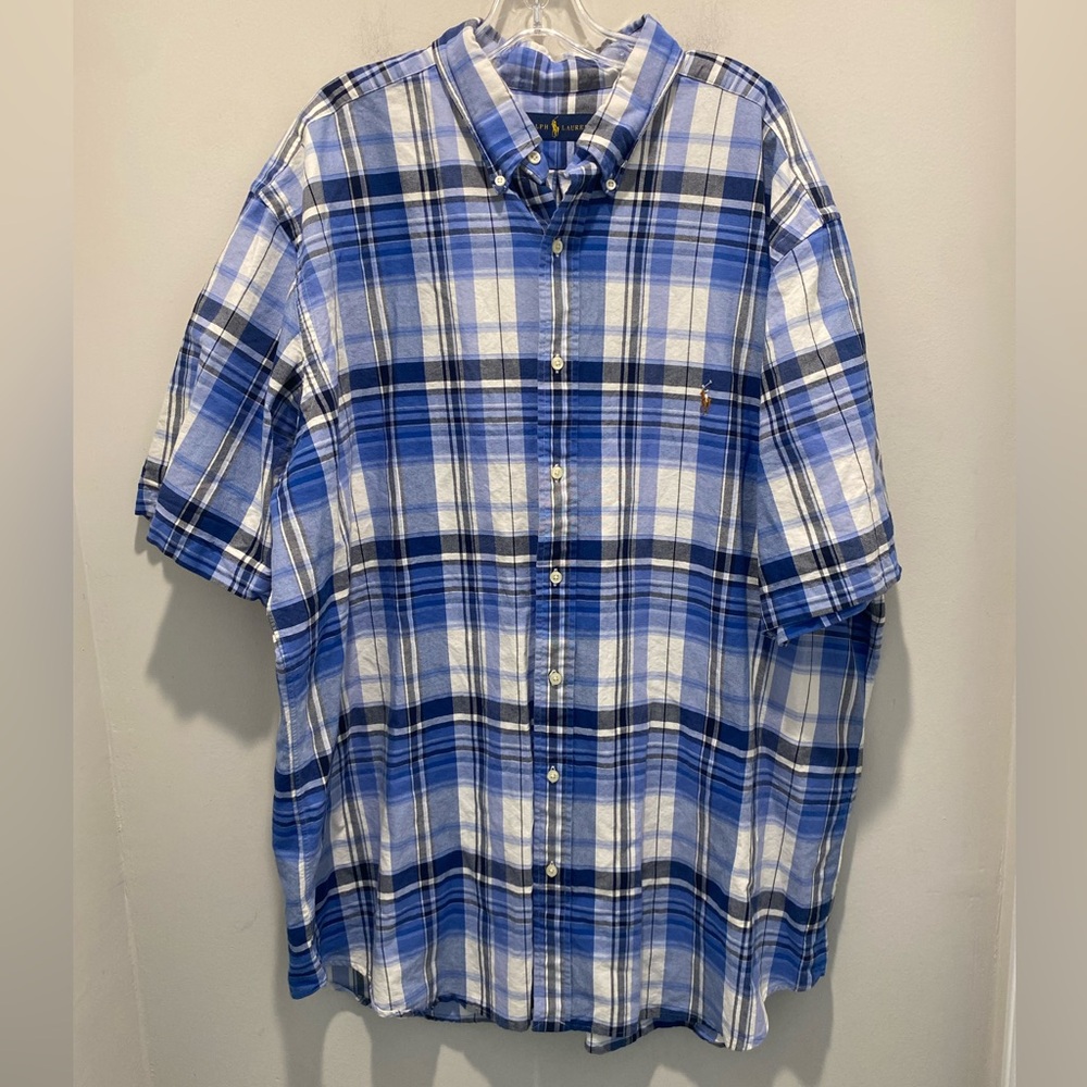 Ralph Lauren Button-Up Short Sleeve Plaid Shirt Blue Men’s Size 2XLT EUC Preppy